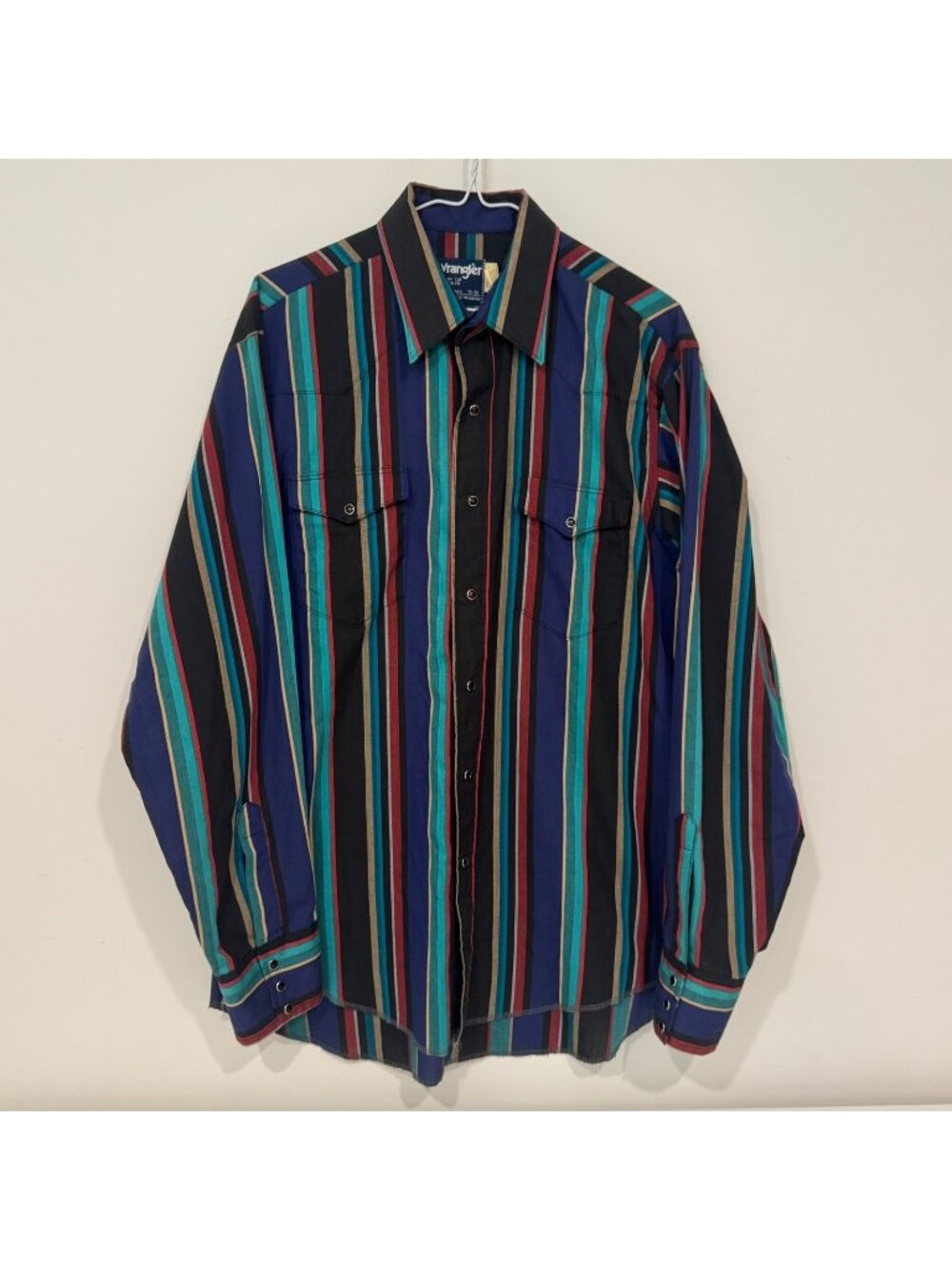 Vtg Wrangler Cowboy Cut Pearl Snap Button Shirt Vertical Stripe Size 16 x 35